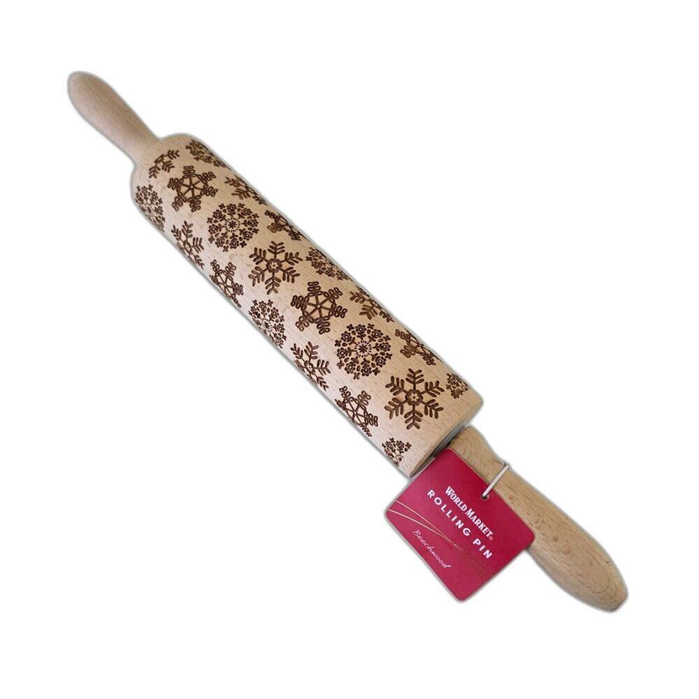 World Market Snowflake Embossed Wooden Rolling Pin Christmas Cookie Baking